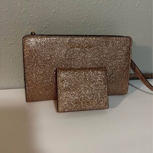 Michael Kors Glittery pink Gold Women's crossbody and matching wallet Set